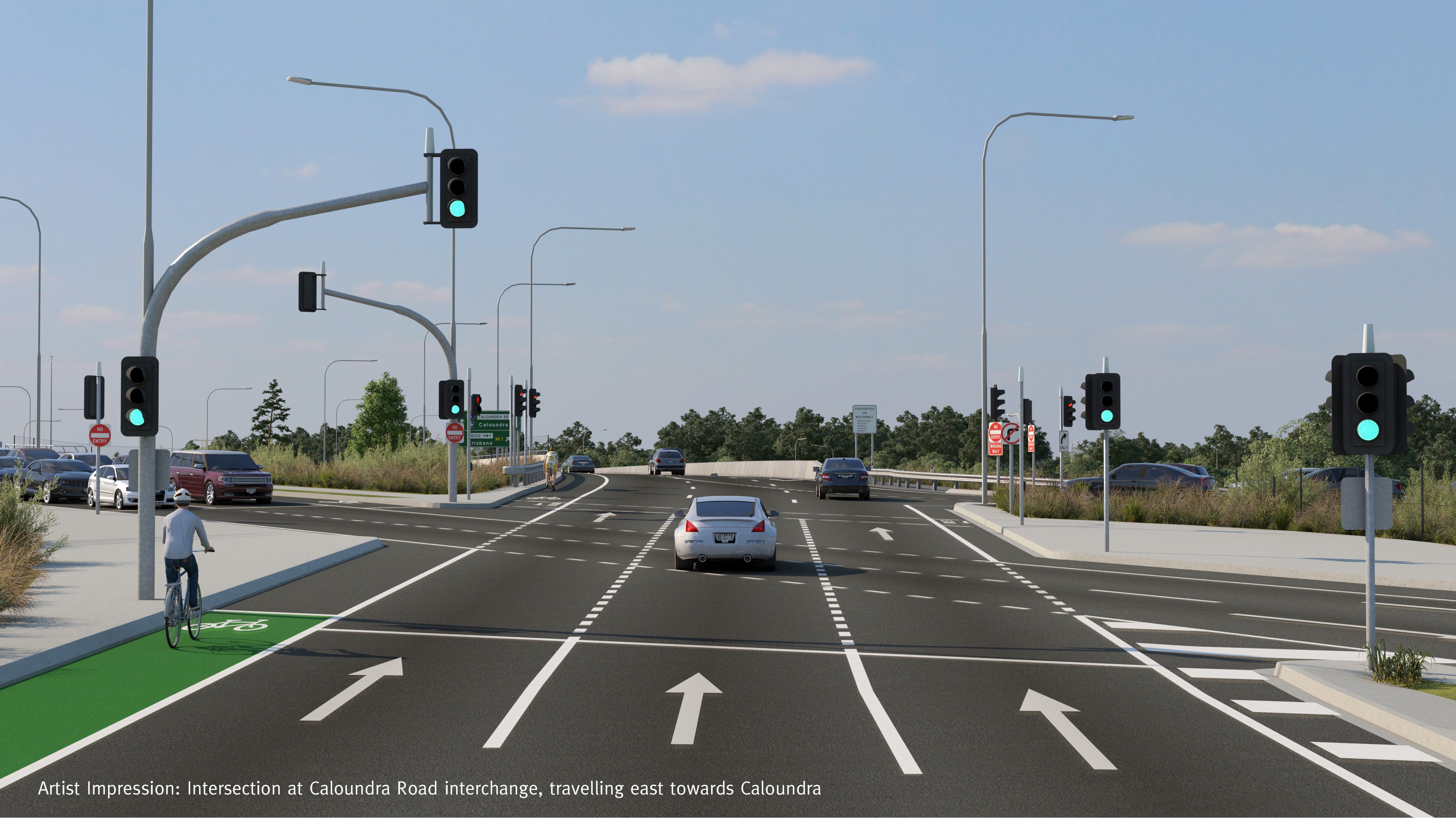 Intersection at Caloundra Road Interchange travelling east to Caloundra.