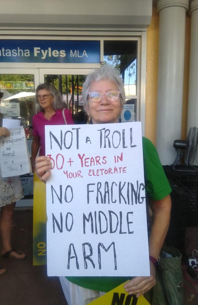 Dozens of people protested outside Chief Minister Natasha Fyles' electorate office in Nightcliff on Sunday, including Nightcliff local of 30 years Louise Brown. The group has called for the government to scrap plans to expand the gas industry. Picture: Supplied