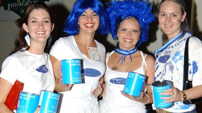 tc Tess Sellwood, Julie Caspani, Cassandra Waples & Danielle Fox on Flinders Street East on Saturday Night to raise money for the Leukaemia Foundation Pic Bryan Lynch AD366045
