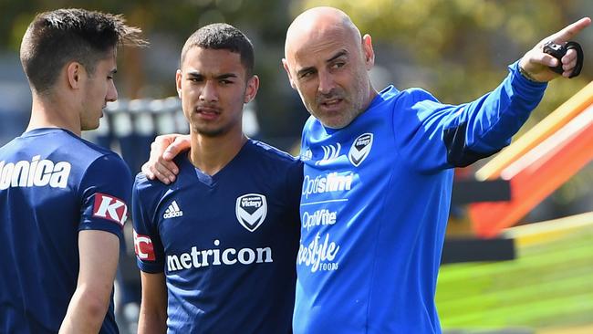 Birkan Kirdar (centre) was handed a senior A-League debut by Kevin Muscat.