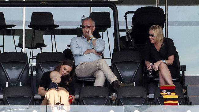 Rory Sloane’s wife Belinda (front) watching his 200th game on Saturday. Picture: Sarah Reed.