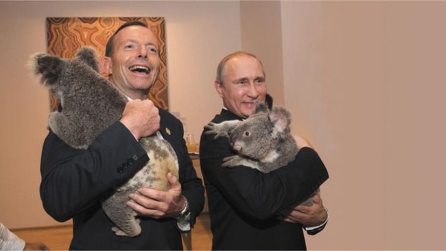 Former prime minister Tony Abbott with Russian leader Vladimir Putin cuddling Lone Pine koalas during the G20 summit in 2014.