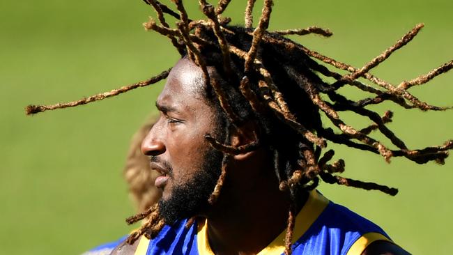 Nic Naitanui in action during an AFL West Coast Eagles training session at Metricon Stadium on the Gold Coast, Wednesday, June 24, 2020. The Eagles are playing the Power in their round 4 AFL match on the Gold Coast on Saturday. (AAP Image/Darren England) NO ARCHIVING