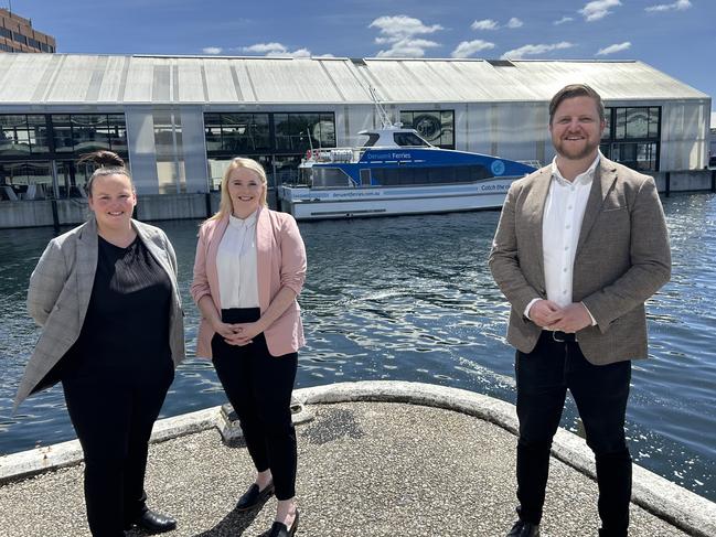 Events management specialist Nikki Long, Labor transport spokeswoman Meg Brown, and Labor sport and events spokesman Luke Edmunds. Labor is calling for an events strategy to be developed for the Derwent Ferry service. Picture: Supplied