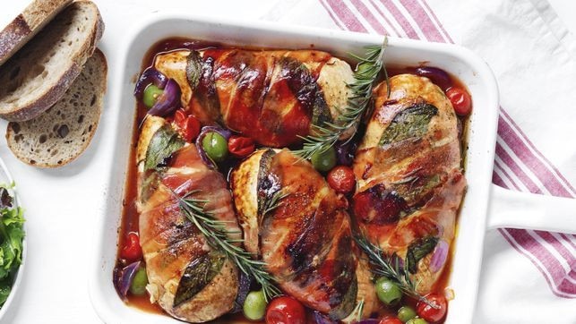 Baked chicken with sage and prosciutto.