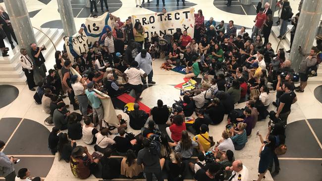 An indigenous protest inside Canberra's Parliament House foyer on Wednesday. Picture: Gary Ramage