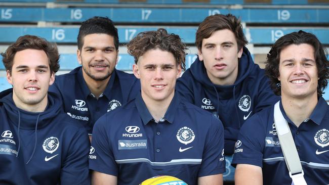 Carlton's five Rising Stars, from left, David Cunningham, Sam Petrevski-Seton, Charlie Curnow, Celeb Marchbank and Jack Silvagni. Picture: David Crosling