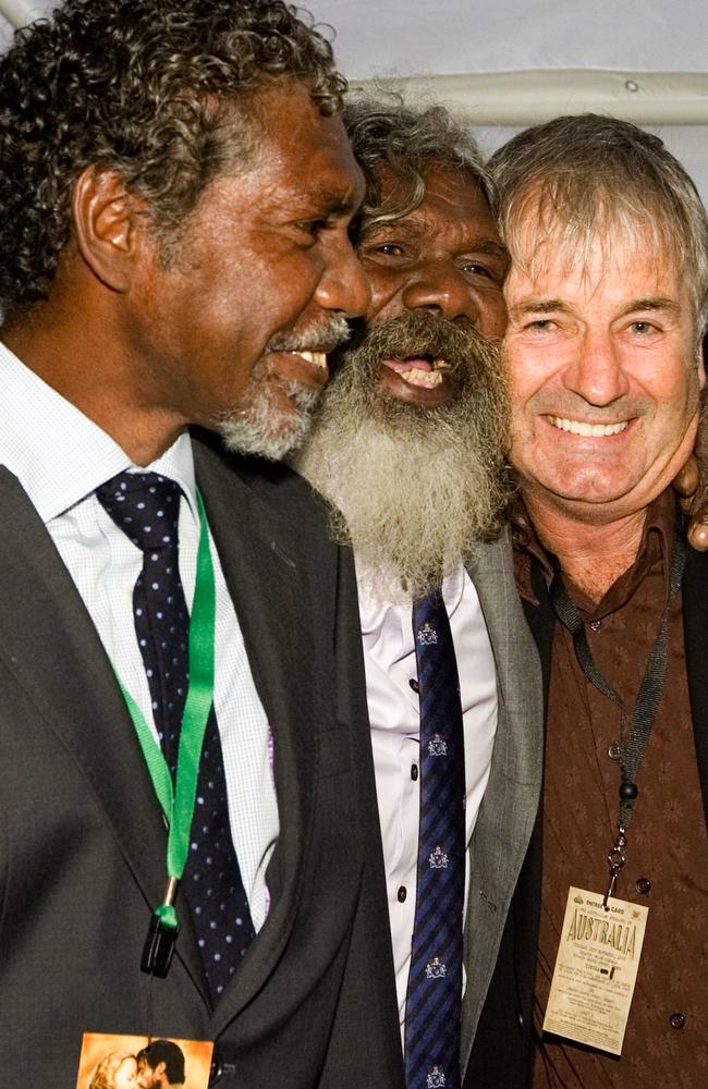 Gulpilil (centre) with actors David Ngoombujarra (left) and John Jarrett at the world premiere of the movie Australia in Sydney, in 2008. Picture: Jenny Evans