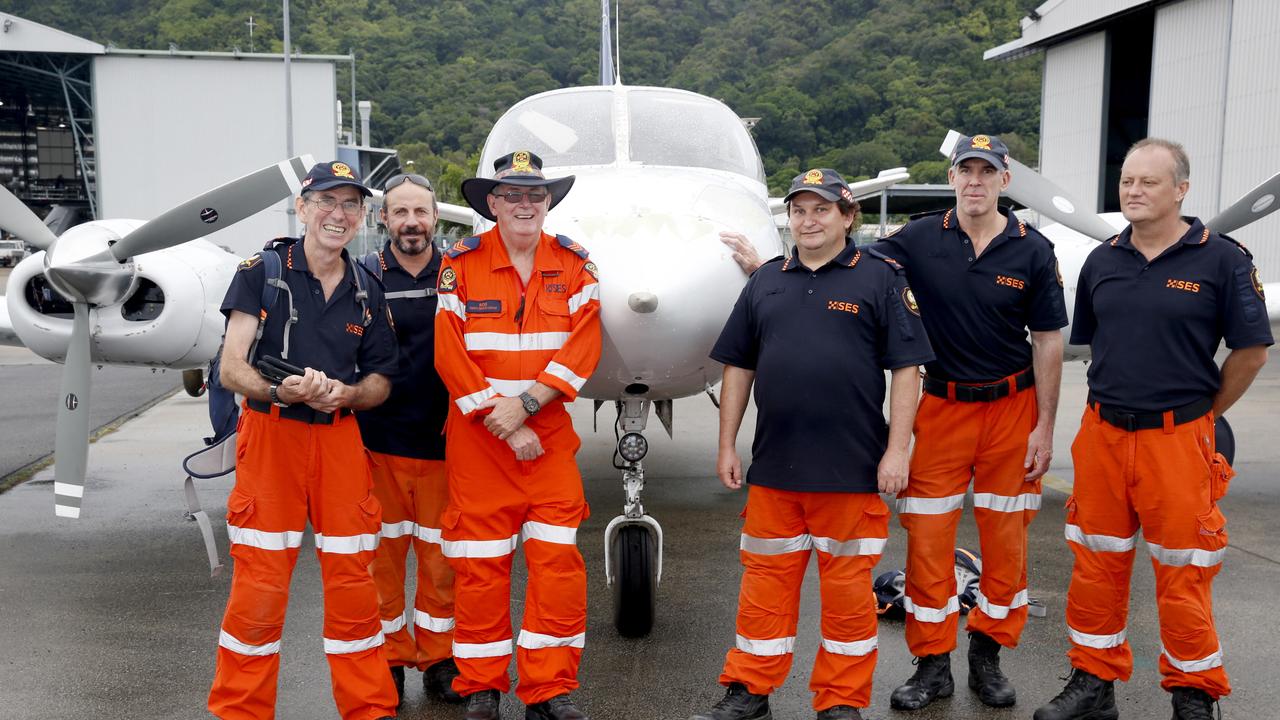 SES volunteers Chris Mallin, Peter Quintana, Rod Wallace, David Mead, Michael Lippiatt and Steve Schwartz prepare to board the charter flight to Lockhart River as part of a chain saw gang to assist in the Cyclone Trevor clean up. PICTURE: ANNA ROGERS