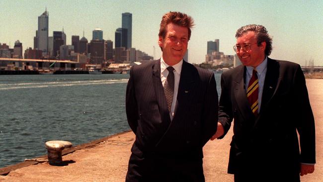 Victorian Premier Jeff Kennett &amp; Mirvac CEO Kevin Hunt walk along the Docklands in Melbourne in 1997.