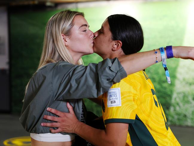 BRISBANE, AUSTRALIA - AUGUST 12: Sam Kerr of Australia celebrates with her partner Kristie Mewis of USA after her team's victory through the penalty shoot out in the FIFA Women's World Cup Australia & New Zealand 2023 Quarter Final match between Australia and France at Brisbane Stadium on August 12, 2023 in Brisbane / Meaanjin, Australia. (Photo by Elsa - FIFA/FIFA via Getty Images)