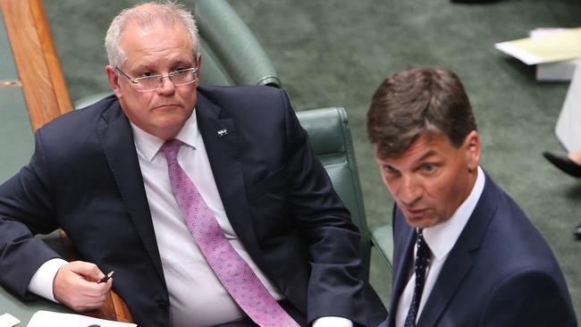 Scott Morrison and Angus Taylor during Question Time. Picture: Kym Smith