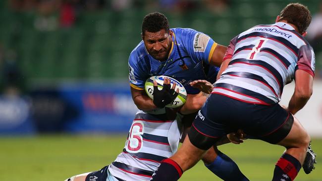 PERTH, AUSTRALIA — MARCH 13: Steve Mafi of the Force gets tackled by Sean McMahon of the Rebels during the round five Super Rugby match between the Force and the Rebels at nib Stadium on March 13, 2015 in Perth, Australia. (Photo by Paul Kane/Getty Images)