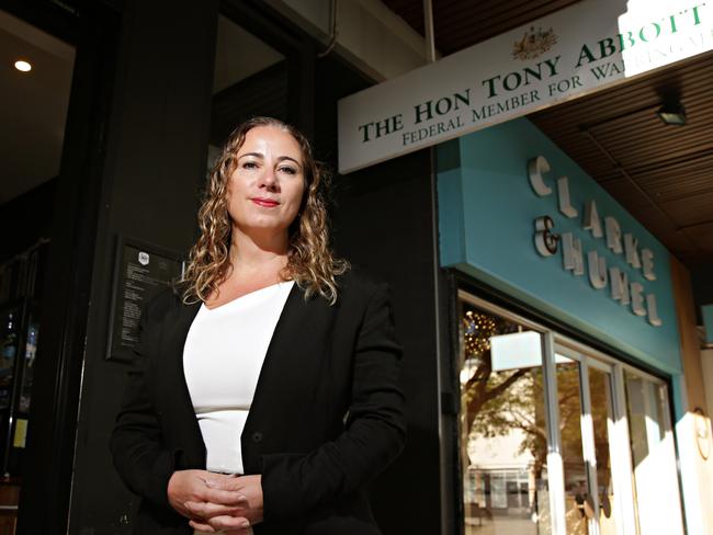 Lawyer Grace Irvin out the front of Tony Abbott’s office in Manly. Picture: Adam Yip