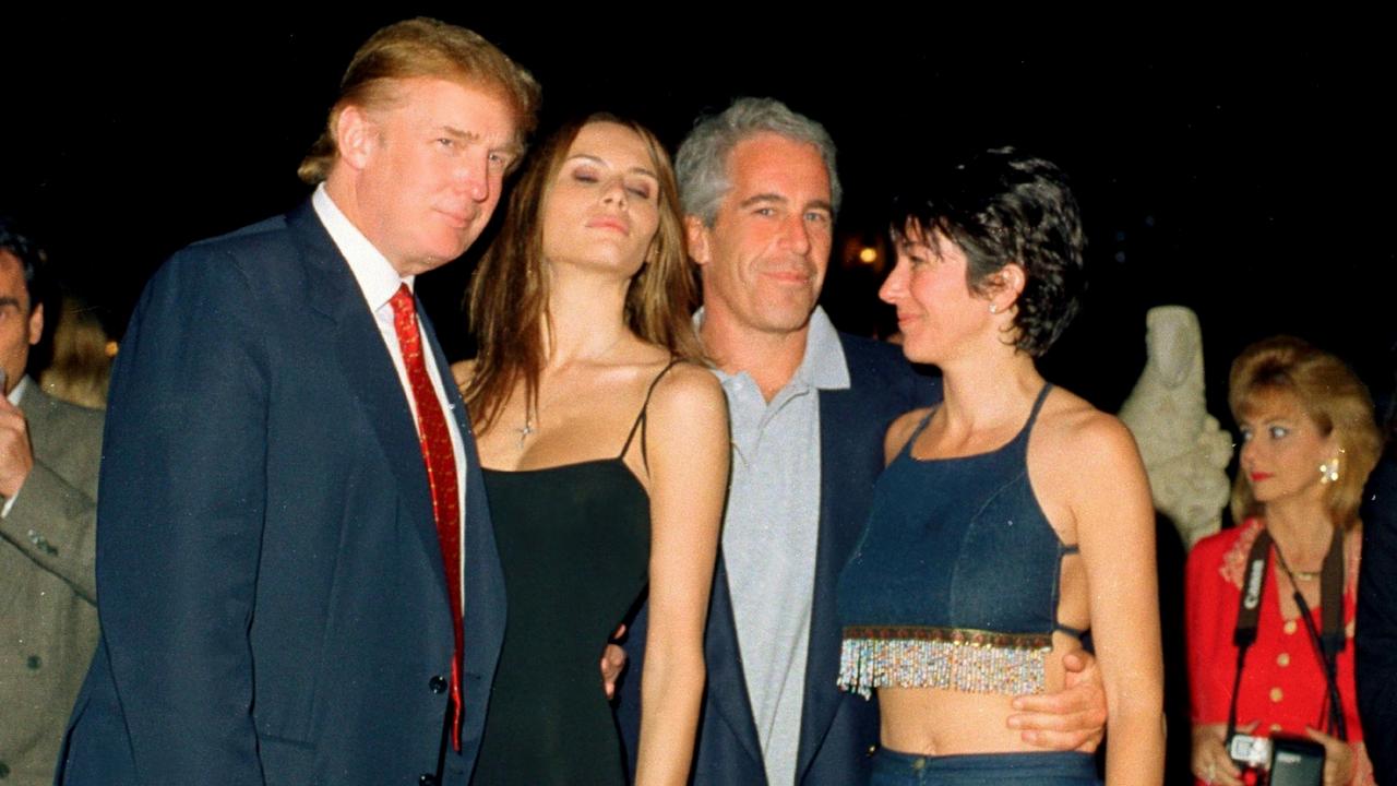 From left, American real estate developer Donald Trump and his girlfriend (and future wife), former model Melania Knauss, financier (and future convicted sex offender) Jeffrey Epstein, and British socialite Ghislaine Maxwell. Picture: Davidoff Studios/Getty Images