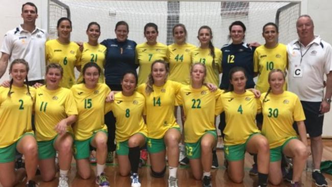 The Australian women's handball team: back row, from left: Caleb Gahan (coach), Danelia dos Santos, Aline Viana, Jemima Harbort, Ana Medjed, Aminta Thomas, Laura Player, Kayla Zissler, Renata Rusmir Anthony Keyes (manager). Front row: from left: Tanya Beths, Emma Guilgard, Vanja Smiljanic, Kylie Go, Madeliene McAfee, Heather Cooper, Olivia Mowat and Brianna Keyes.