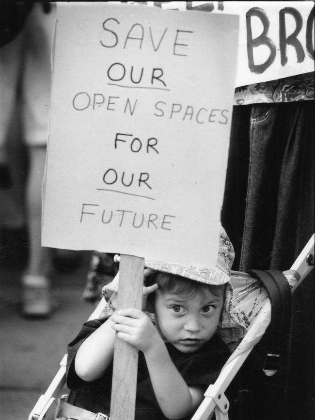 Joshua Love-Shepherdson, 4, of Plympton, with his message at z conservation rally in 1994. Photo: File