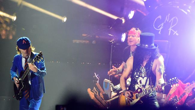 Angus Young joins Guns N’Roses at Coachella. Pic: Frazer Harrison/Getty Images