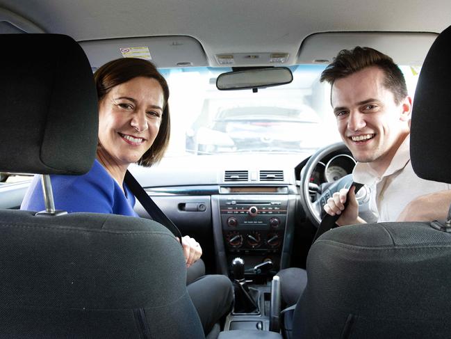 Brisbane, AUSTRALIA - NewsWire Photos October 11, 2020: Queensland LNP opposition leader Deb Frecklington in the car with Liam Head 19. His family will receive $300 for each car as part of the LNPÃs rego rebate pledge. Picture: NCA NewsWire / Sarah Marshall