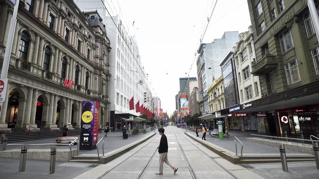 An almost empty Bourke Street Mall in Melbourne on day one of lockdown. Picture: NCA NewsWire / Andrew Henshaw