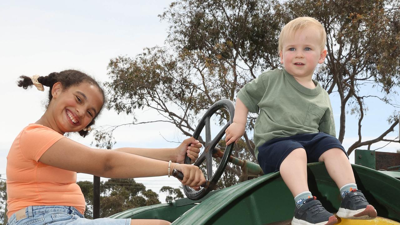 Eva Nnachi, 10, and her cousin Charlie Lewis, 2, at the Geelong Show. Picture: Alison Wynd