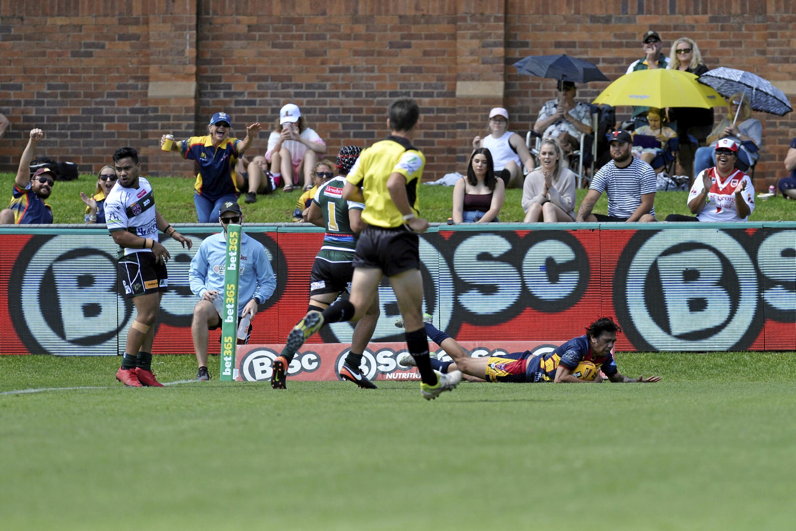 Nathaniel Jones crosses to try for Western Mustangs against Ipswich Jets in round 3 Colts under 20 rugby league at Clive Berghofer Stadium, Sunday, March 25, 2018. Picture: Kevin Farmer