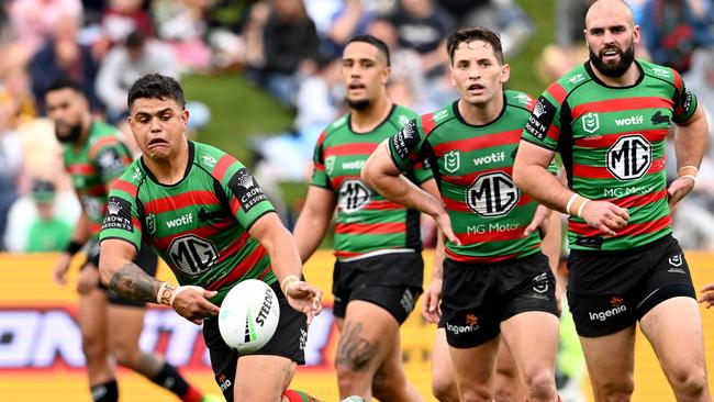 The Rabbitohs must avoid standing back and watching gun fullback Latrell Mitchell play one-out. Picture: Getty Images