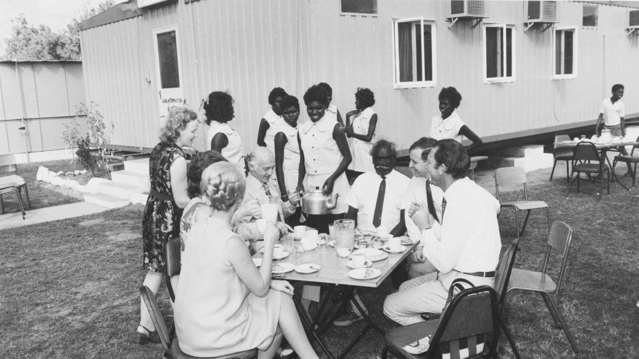 Students welcome Prime Minister William McMahon after he opened the school in 1972. Picture: Supplied