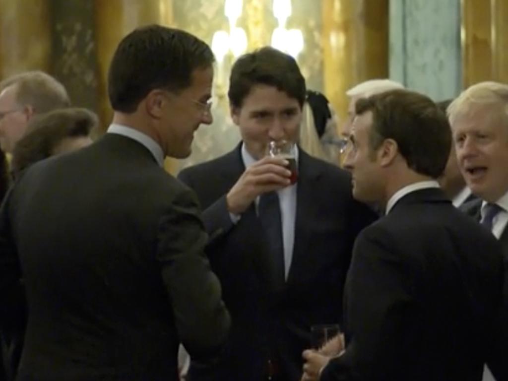 Canadian Prime Minister Justin Trudeau was seen standing in a huddle with French President Emmanuel Macron, British Prime Minister Boris Johnson, Dutch Prime Minister Mark Rutte and Britain’s Princess Anne when the comments were made. Picture: Host Broadcaster via AP.