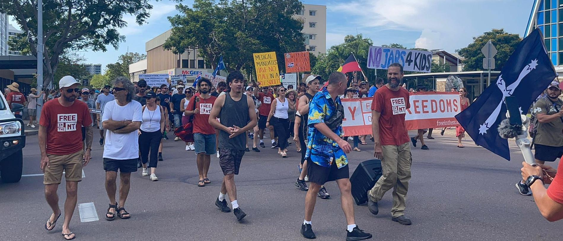 Protesters at the freedom rally in Darwin CBD on October 30, 2021. Picture: Amanda Parkinson