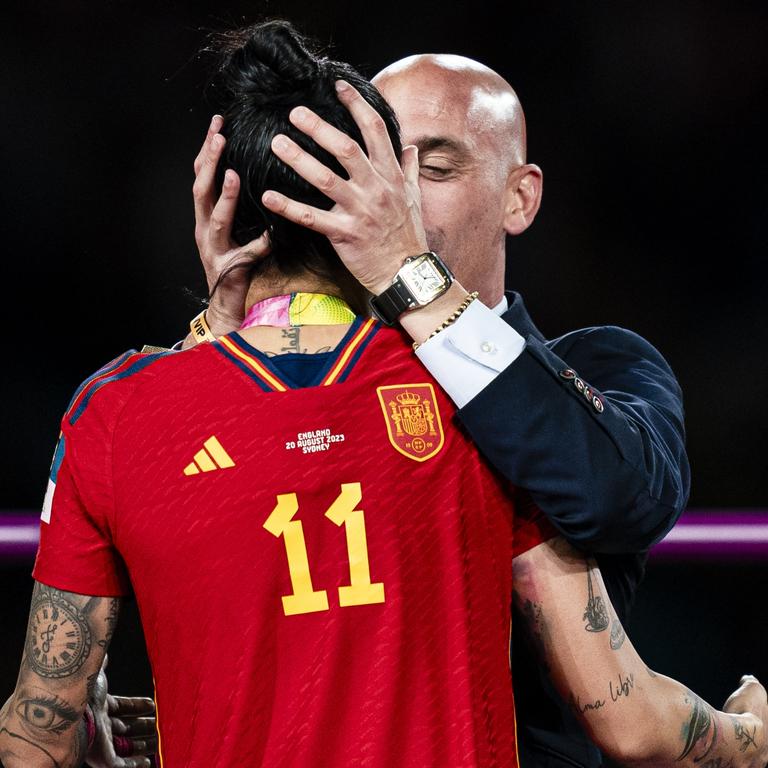 A kiss from the President of the Spanish Football Federation Luis Rubiales for Jennifer Hermoso of Spain during the medal ceremony of the Women's World Cup in Sydney. 17 days later Rubiales resigned. Picture: Noemi Llamas/Eurasia Sport Images/Getty Images