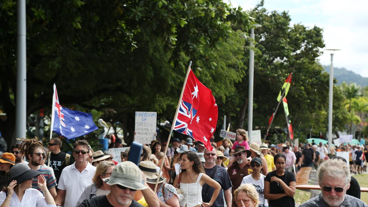 Hundreds of Far North Queensland residents attended the Freedom Rally held noth of Muddy's Playground, before marching down the Cairns Esplanade. PICTURE: Brendan Radke