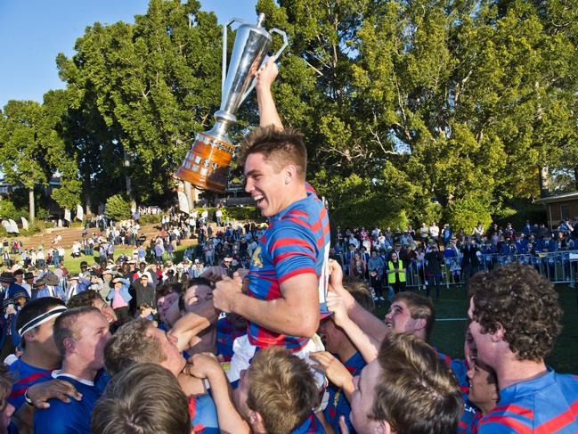 Mac Grealy, captain of Downslands celebrate the win in the O'Callaghan Cup, Downlands vs TGS. Saturday, 27th Jul, 2019.