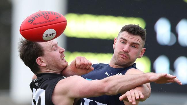 Football. Tasmanian State League. Hamish Leedham Launceston and James Deegan Glenorchy. Glenorchy V Launceston. Picture: NIKKI DAVIS-JONES