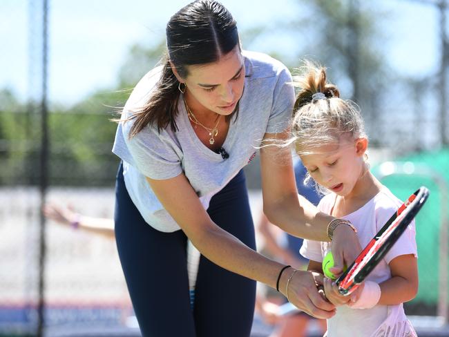 Ajla Tomjlanovic coaches five-year-old Mila Ahlawat at Morningside Tennis Centre.