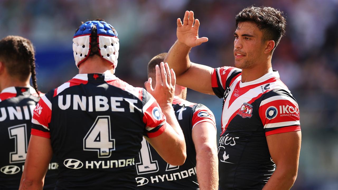 Joseph Suaalii celebrates a try earlier this year against the Warriors.