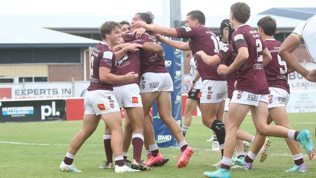 Burleigh Bears players celebrate a try in round 10 of the Meninga Cup. Picture by Richard Gosling