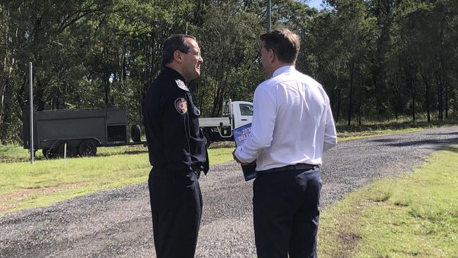 Queensland Fire Department Commissioner Stephen Smith speaks with Deputy Premier Jarrod Bleijie at the site of the whitewater venue and proposed lagoon. Picture: Judith Kerr