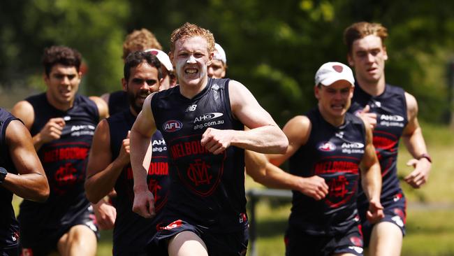 Clayton Oliver grimaces during a running session. Picture: Michael Klein