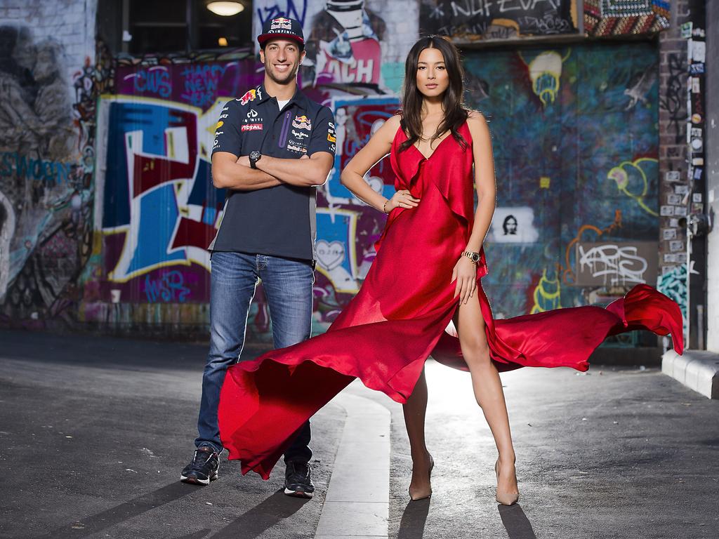 Owning the City, Daniel Ricciardo and Jessica Gomes Ahead of the Melbourne Formula 1 GP in the iconic Duckboard Place. Picture: Jason Edwards