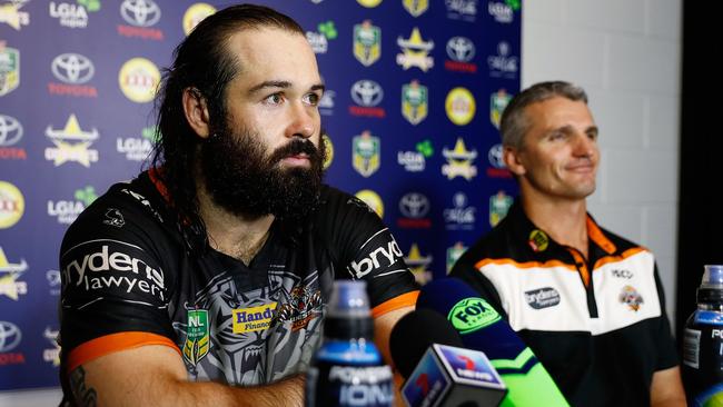Aaron Woods of the Tigers with new coach Ivan Cleary.