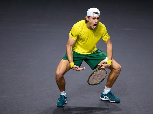 Alex de Minaur of Australia celebrates after winning the Davis Cup by Rakuten Finals 2022 Semifinal match between Australia and Croatia. (Photo by Fran Santiago/Getty Images)