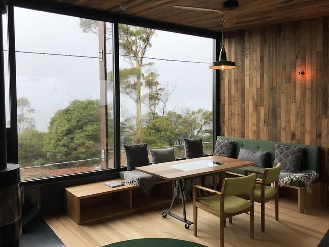 The dining lounge area at Spring Bay Mill’s new Ridge Quarters accommodation. Source: Supplied