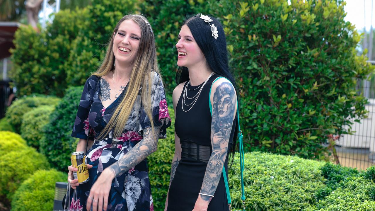 Having a ball at The Great Northern Darwin Cup at Fannie Bay Turf Club are Rebekah Wortlehock and Tayla Porter. Picture: Glenn Campbell