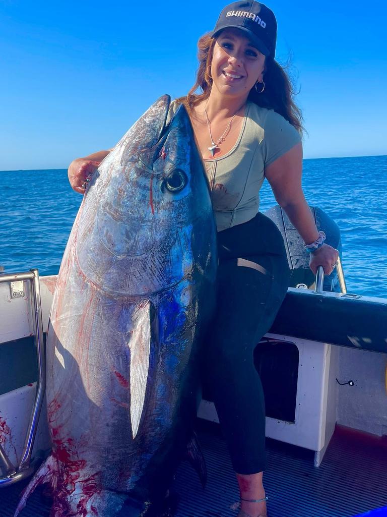 Izzy Sesto caught her first Tuna of the coast of Cape Jaffa only to have a great white shark take half of it. Picture: @isabella.sesto/ Instagram