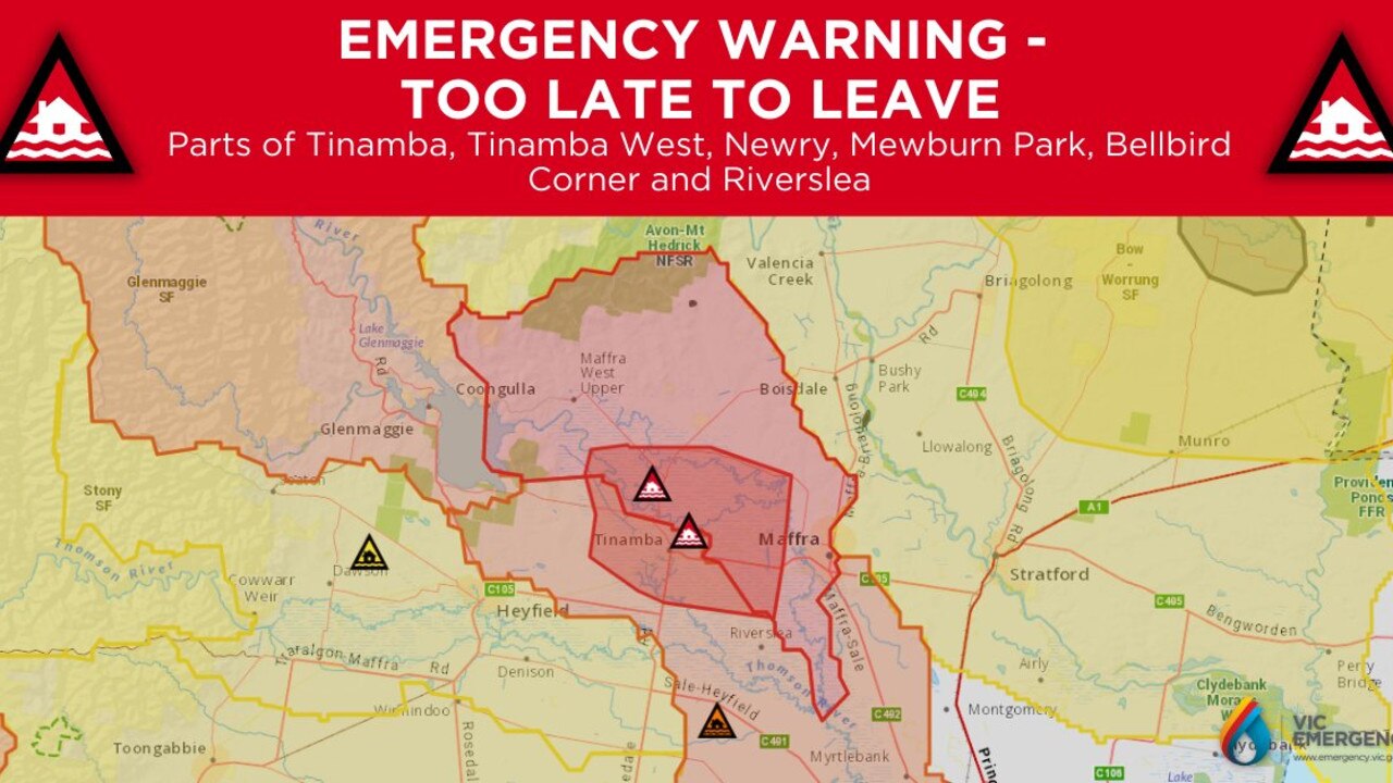 Residents in parts of Tinamba, Tinamba West, Newry, Mewburn Park, Bellbird Corner and Riverslea were told it was too late to leave. Picture: Twitter.