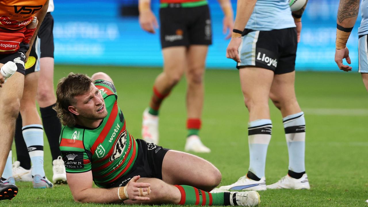 Jai Arrow is also in doubt for the Rabbitohs after he left the field with a back injury. Picture: Getty