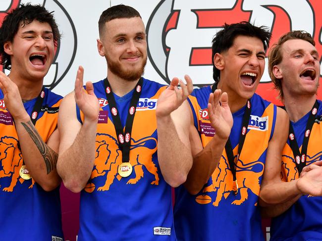 Taylors Lakes celebrate after winning the 2024 Essendon District Football League Strathmore Community Bank Division Two Grand Final match between Taylors Lakes and Westmeadows at Windy Hill, on September 07, 2024, in Melbourne, Australia. (Photo by Josh Chadwick)