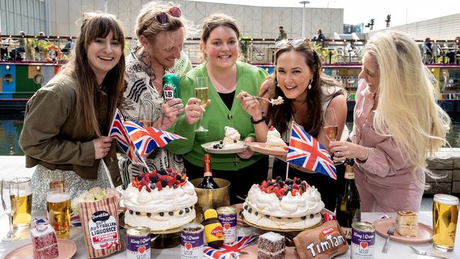 London-based Aussies ahead of the coronation, (from left) Jennifer Tims, Josh Heesterman, Ashleigh Hughes, Georgia Benjamin and Pru Freeman. Picture: David Dyson