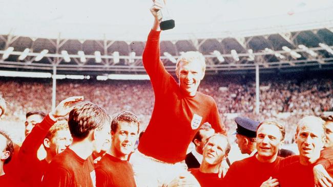 England captain Bobby Moore, carried shoulder high by his team mates after they won the FIFA World Cup in 1966.